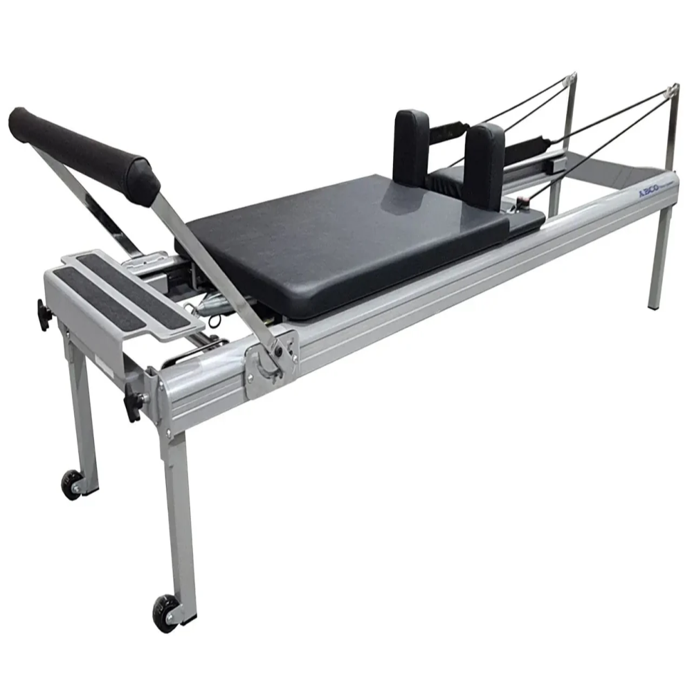 Side Angle view of Aluminium frame ABCO Clinical Pilates Reformer on wheels with black carriage