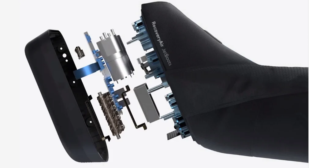 Side view of RecoveryAir Jetboots with sole stripped away to show internal mechanical components of boots