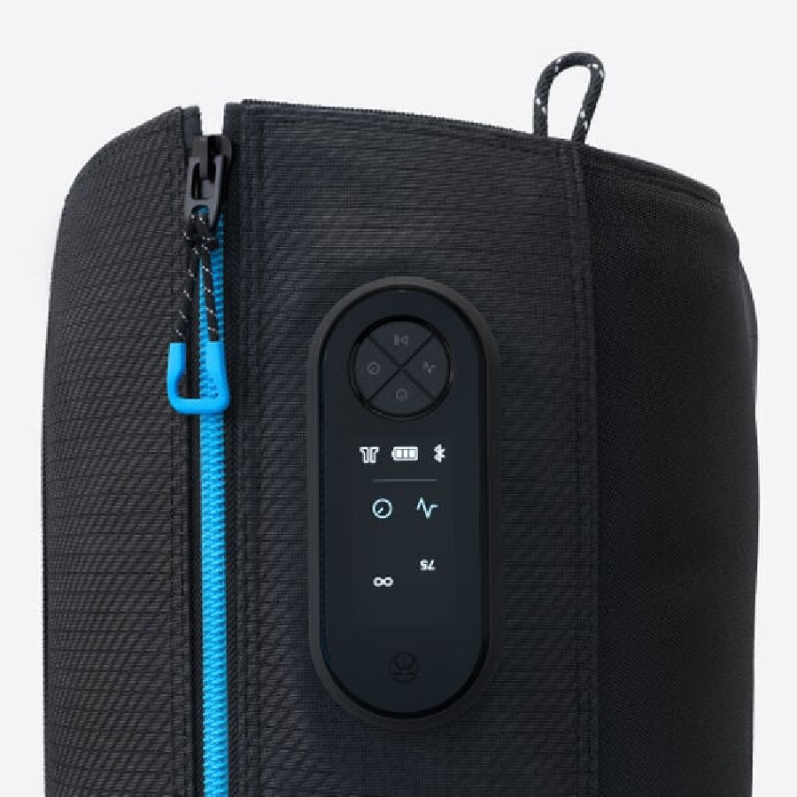 Close up of control panel for the RecoveryAir Jetboots in black with blue zipper