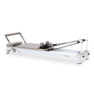 Angle Front View of Reeplex Flow Series Studio Reformer White Aluminium Frame