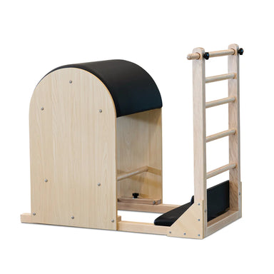 Full Image of Reeplex Ladder Barrel showing barrel arch in black upholstery with wooden ladder