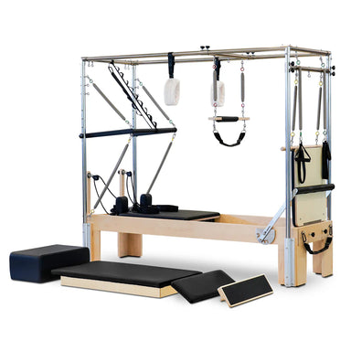 Reeplex Pilates Reformer Maple Wood with Full Trapeze Flow Series Full Angle View Left Side