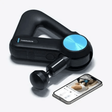 Black handheld Teragun massage gun showing mobile phone with app interface