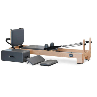 Angled Side View of Reeplex Luna Beechwood Studio Pilates Reformer in Grey