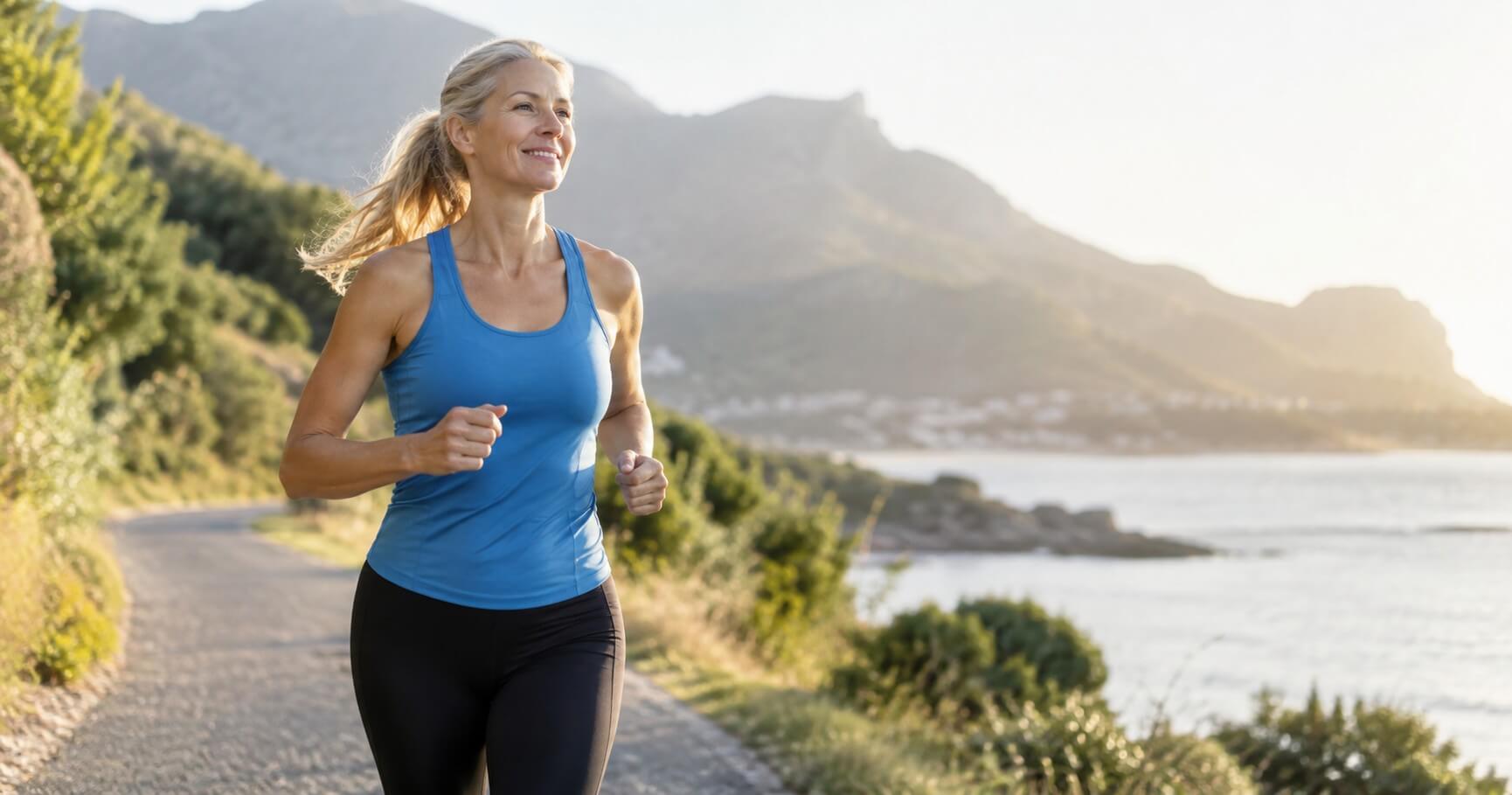 A woman jogging outdoors on a paved path near the water, wearing a bright blue athletic tank top and black leggings, with mountains in the background.