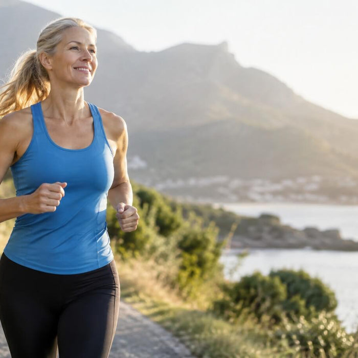 A woman jogging outdoors on a paved path near the water, wearing a bright blue athletic tank top and black leggings, with mountains in the background.