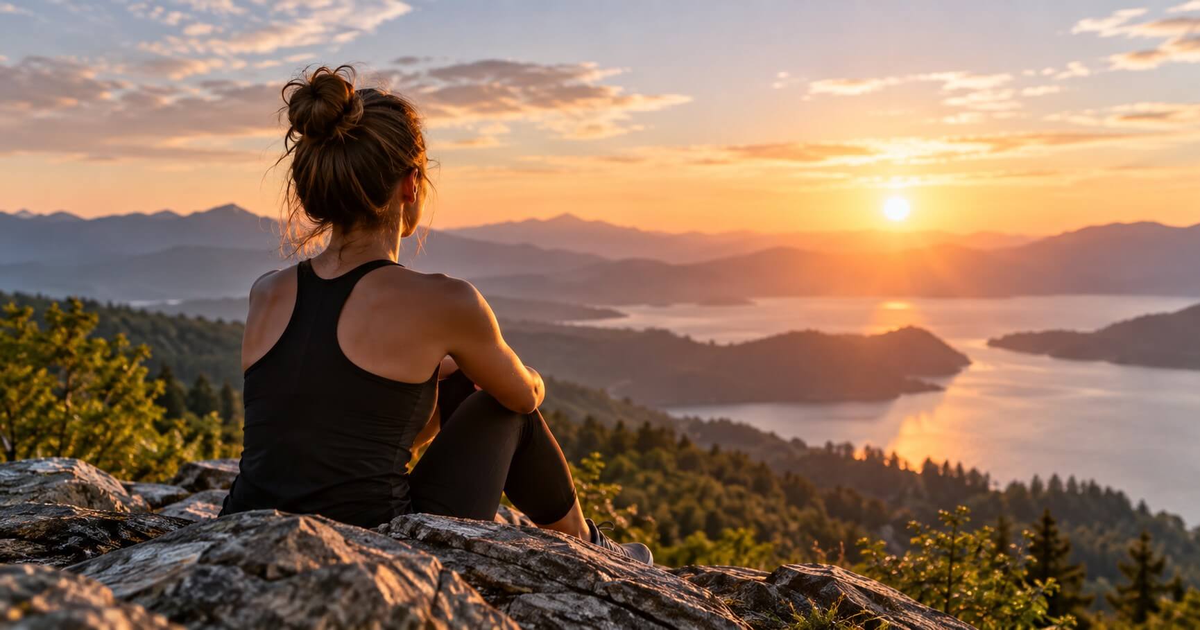 Woman sitting on mountain top looking out over waterways and sunset
