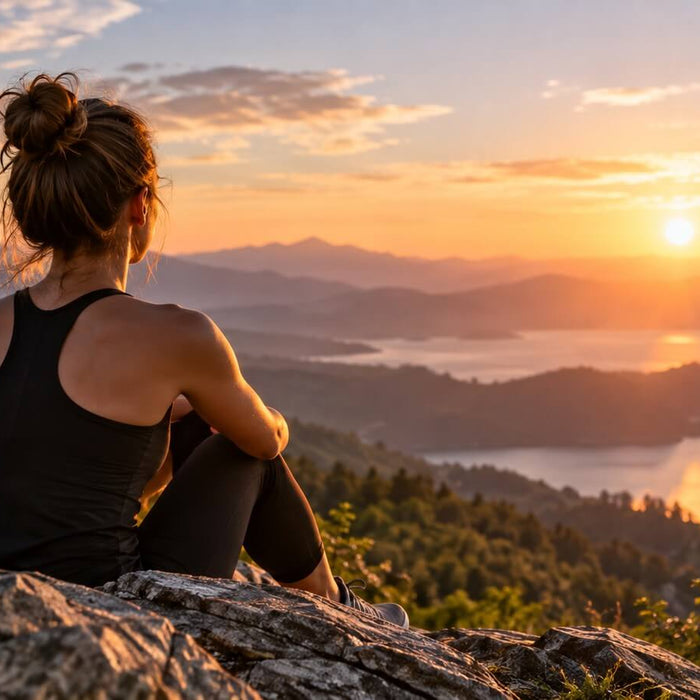 Woman sitting on mountain top looking out over waterways and sunset