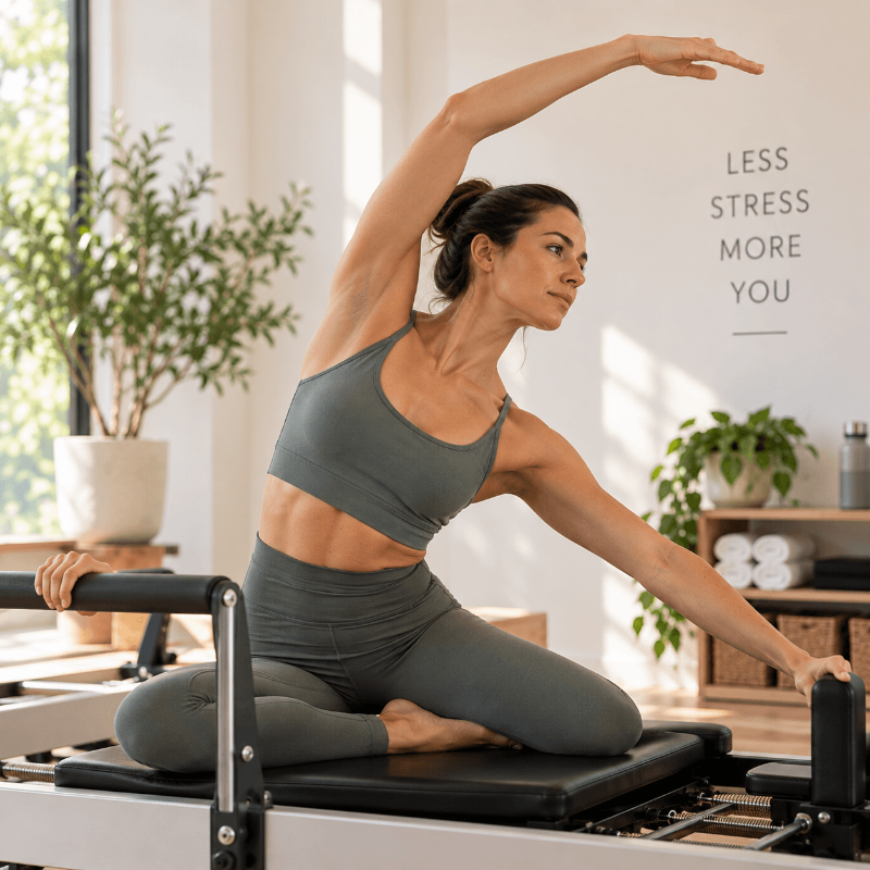 Woman on pilates reformer doing an overhead side stretch in a studio setting