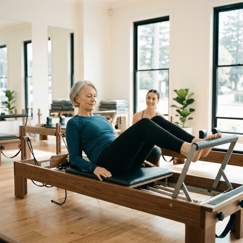 An older woman exercises on a wooden Pilates reformer machine in fitness studio, with a younger woman visible in the background near windows and plants.