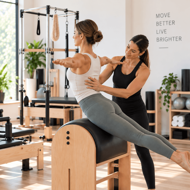 Woman in pilates studio filled with pilates equipment, performing pose on ladder barrel supervised by an instructor