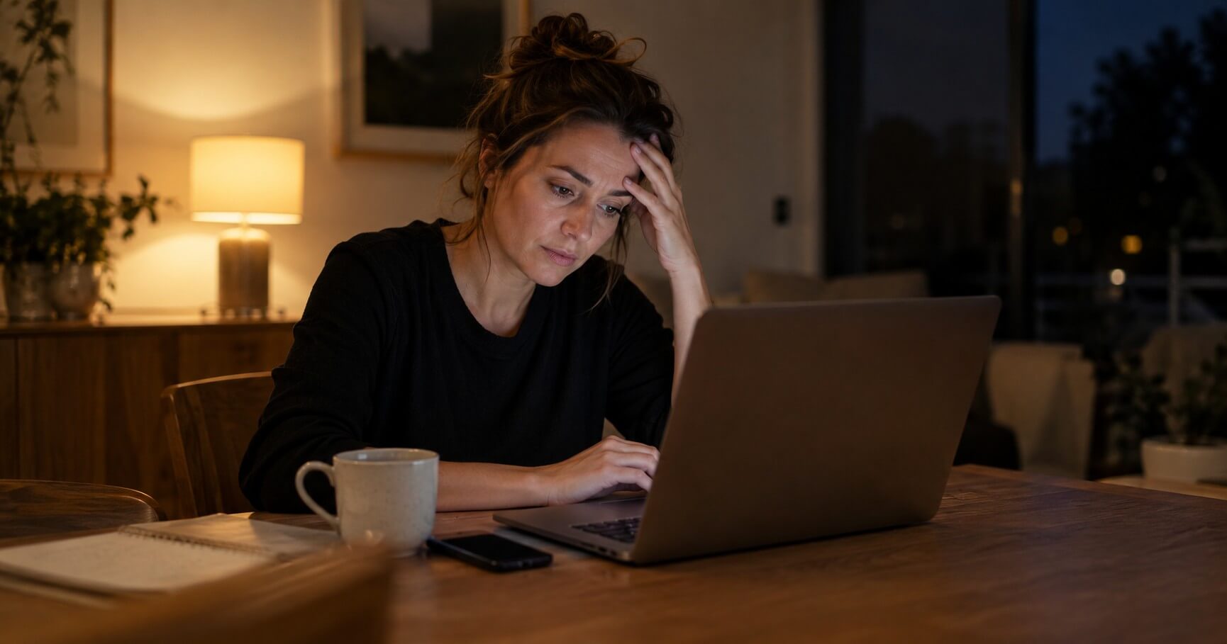 Woman seated at wooden table on laptop at home in an evening setting looking stressed