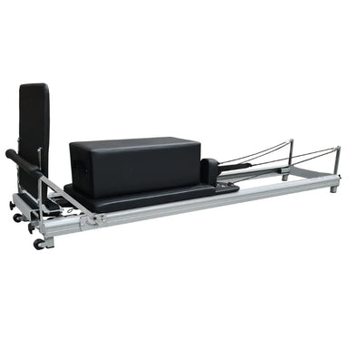 Full Angled Side Image of ABCO Low Pilates Reformer with Aluminium Frame and black carriage with sitting box and jumpboard attached