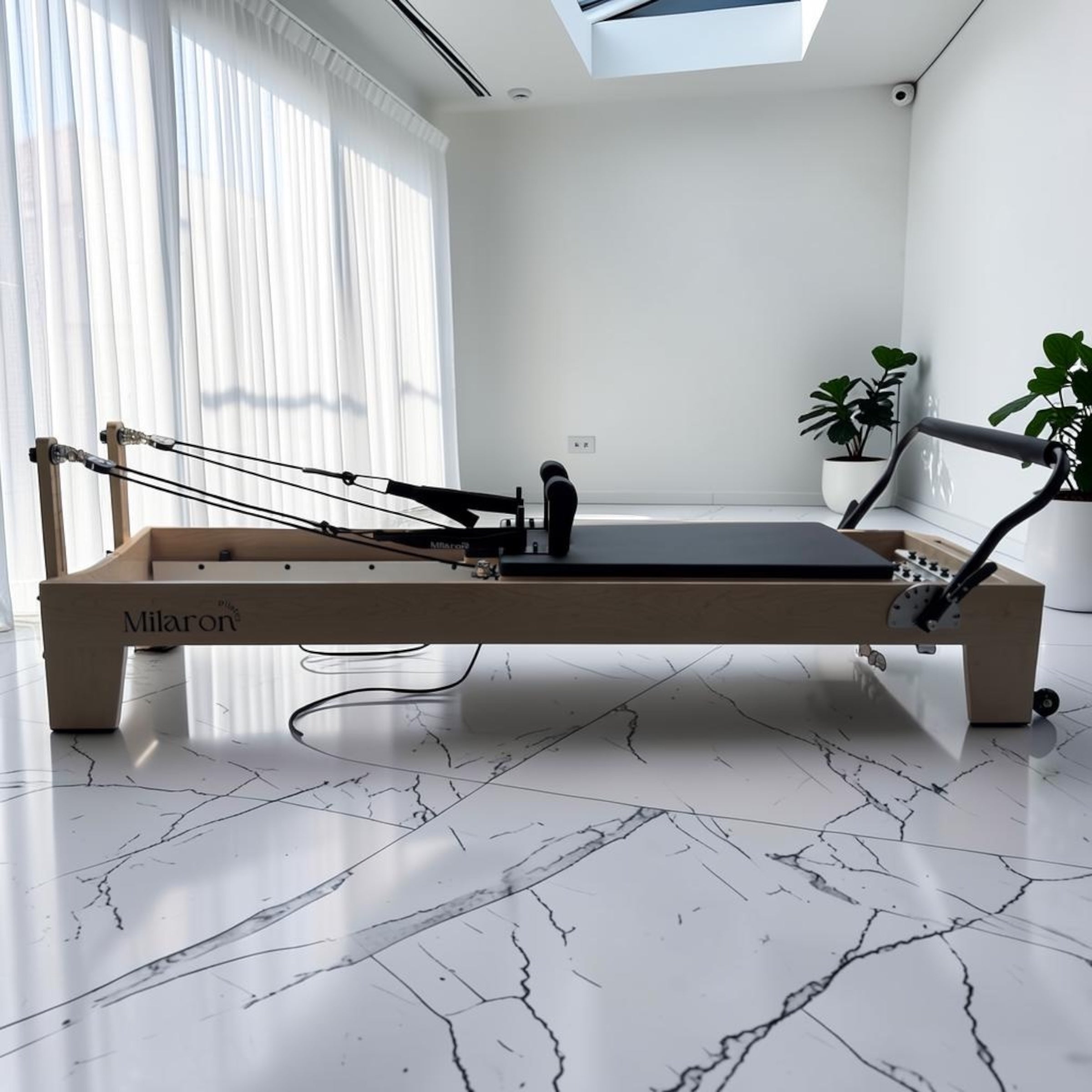 Milaron Maple Studio V3 Pilates reformer with a solid maple frame and black microfibre leather upholstery, set up in a sunlit room