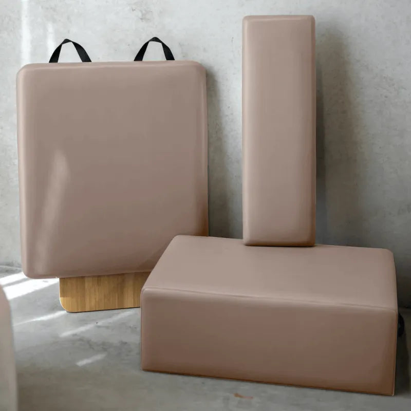 Pink accessories for Core Collab Eco Warrior reformer showing jumpboard and sitting box