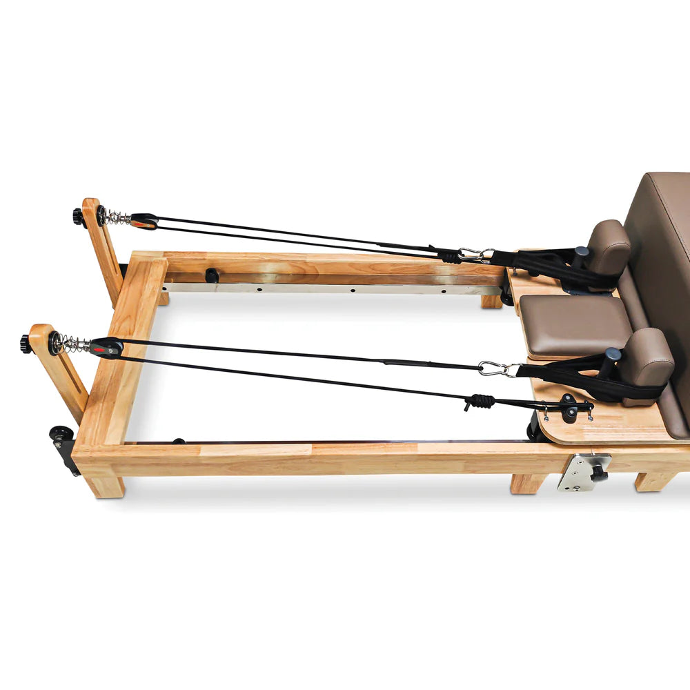 Close up aerial view of pulley system for Impact Fitness Foldable reformer