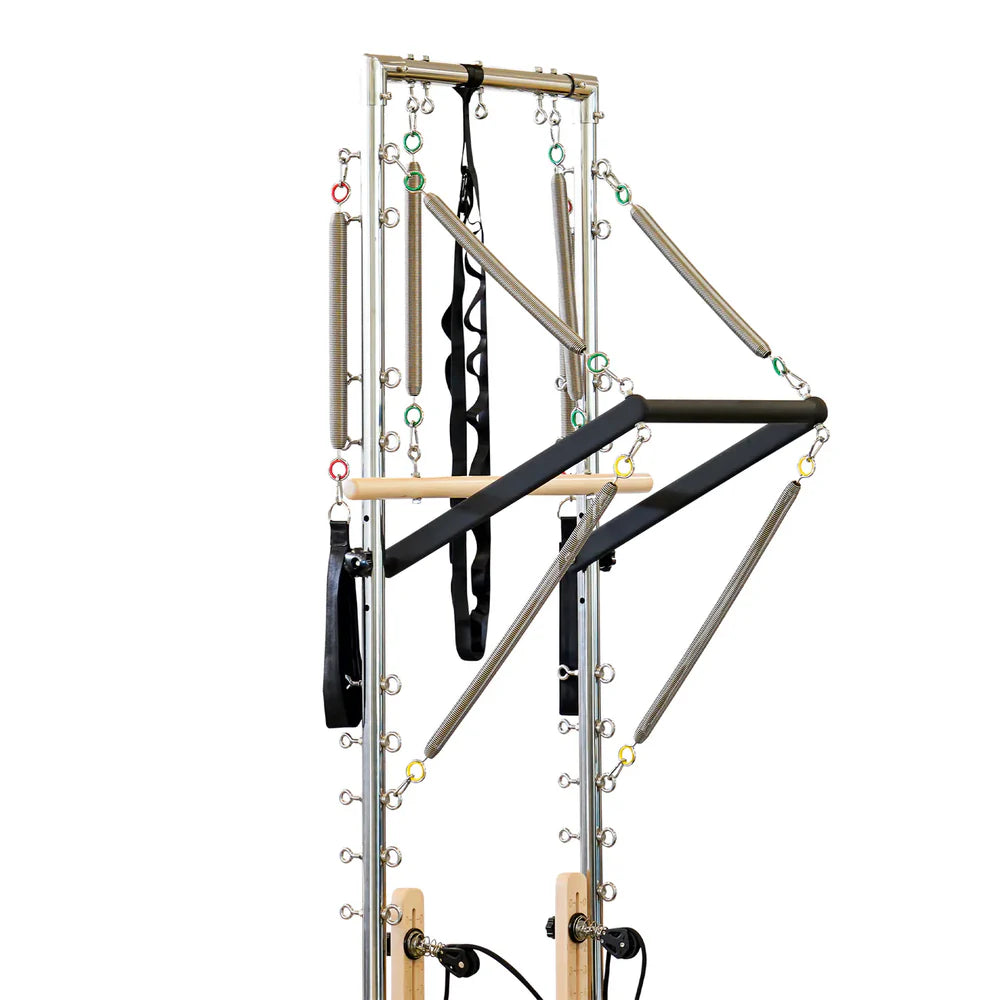 Close up of Half Trapeze frame for Impact Fitness Pilates Reformer Machine showing Springs and Pull Down Bars on Aluminium Frame