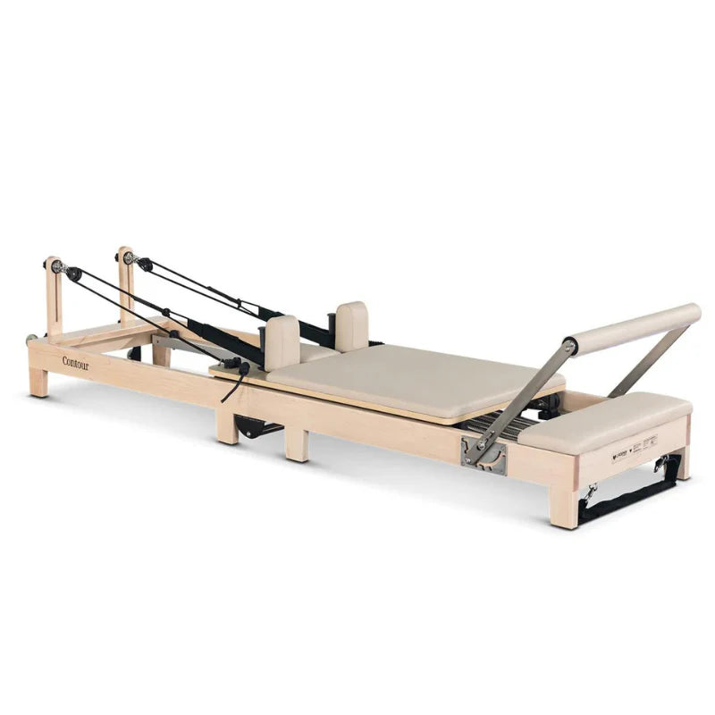 Lifespan Fitness Contour Wooden Pilates reformer machine in beige on a white background
