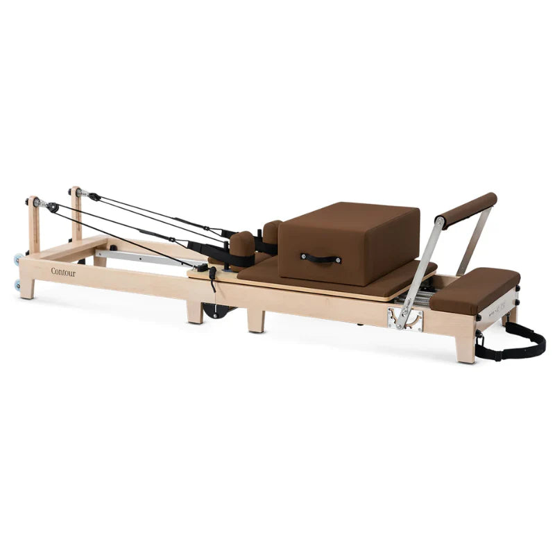 Side view Lifespan Fitness Contour Wooden Pilates Machine in brown on white background