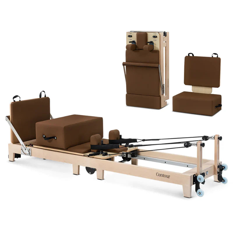 Full Side View of Wooden Pilates reformer in brown with flatlay image of folded pilates reformer with accessories on white background
