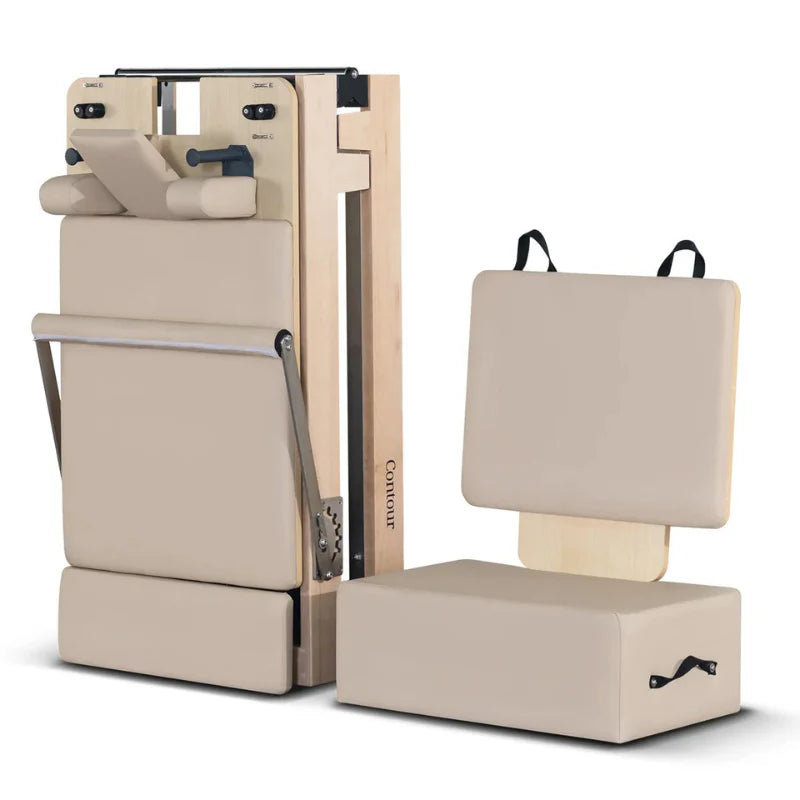 Beige Lifespan Fitness Wooden Reformer Folded 
with headboard and footrest on a white background