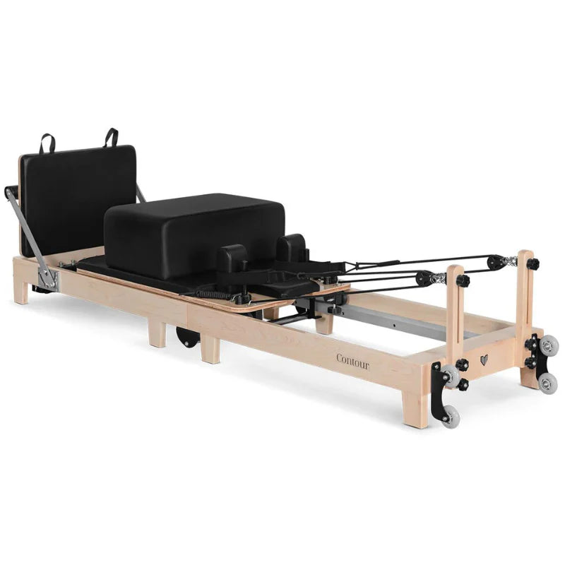 lifespand Fitness Wooden Pilates reformer machine in black on a white background