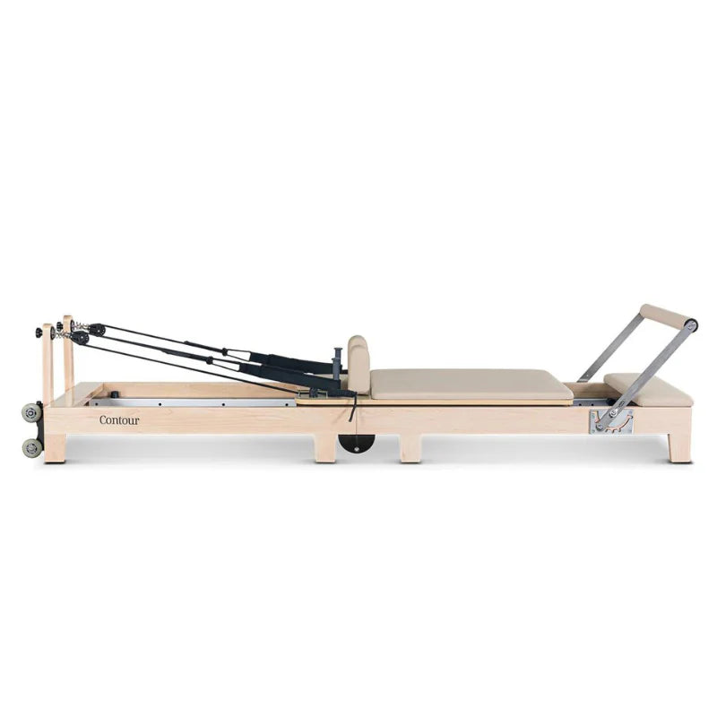 Full Side View Lifespan Fitness Contour Wooden Pilates Reformer in Beige on white background