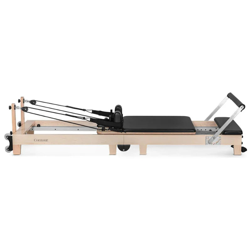 Full Side View Lifespan Fitness Contour Wooden Pilates Reformer in black on white background