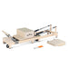 Full Side View Lifespan Fitness Wooden Contour Pilates Reformer with Sitting box on bed and jumpboard and tools on floor
