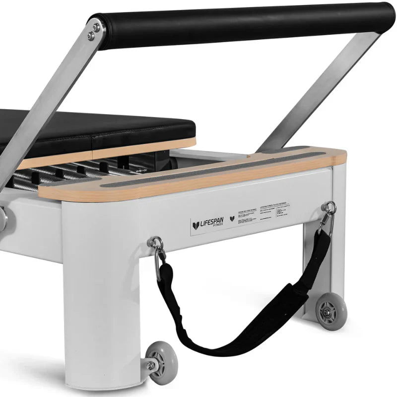 Close up of Footbar of White Aluminium pilates reformer on white background
