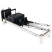 Aerial Full View White Aluminium Pilates Reformer with Black Leather and accessories on white background