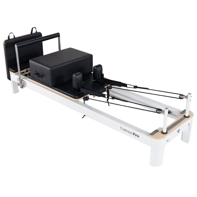 Aerial Full View White Aluminium Pilates Reformer with Black Leather and accessories on white background