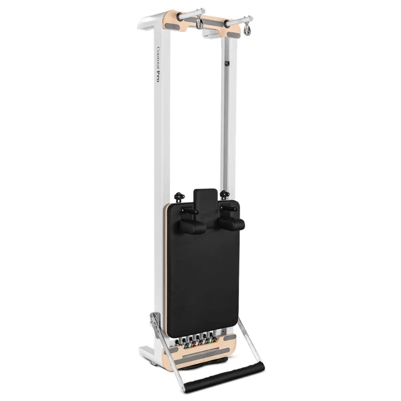 White Aluminium and Black pilates reformer resting in vertical position on white background