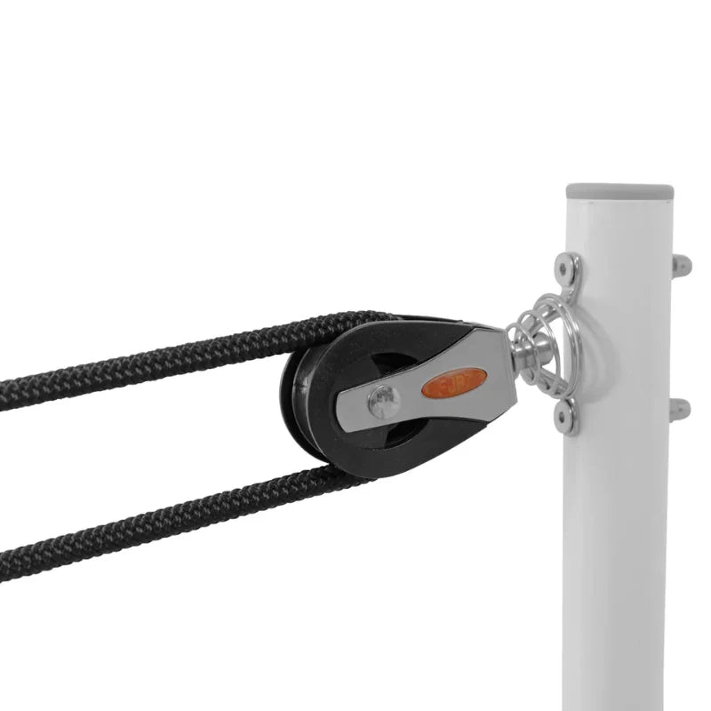 Pulley system with ropes attached to a white pole on a white background