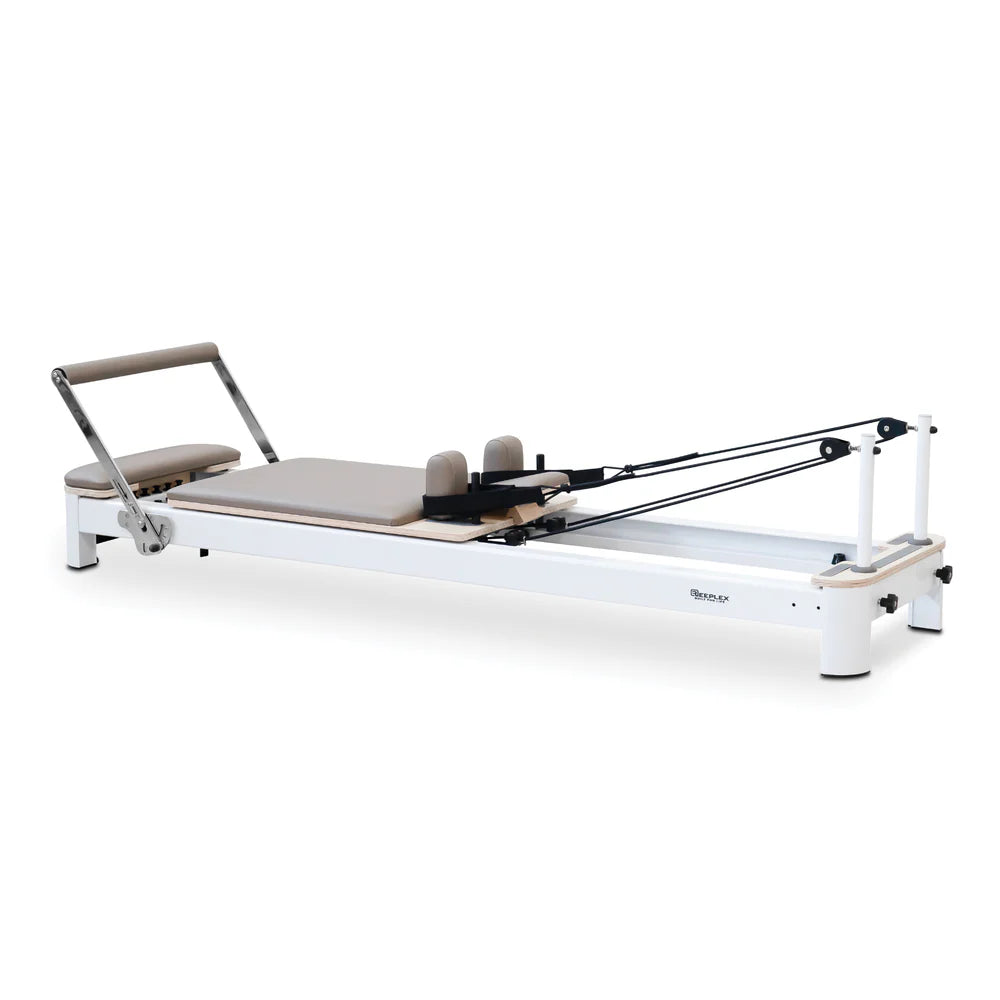 Angle Front View of Reeplex Flow Series Studio Reformer White Aluminium Frame