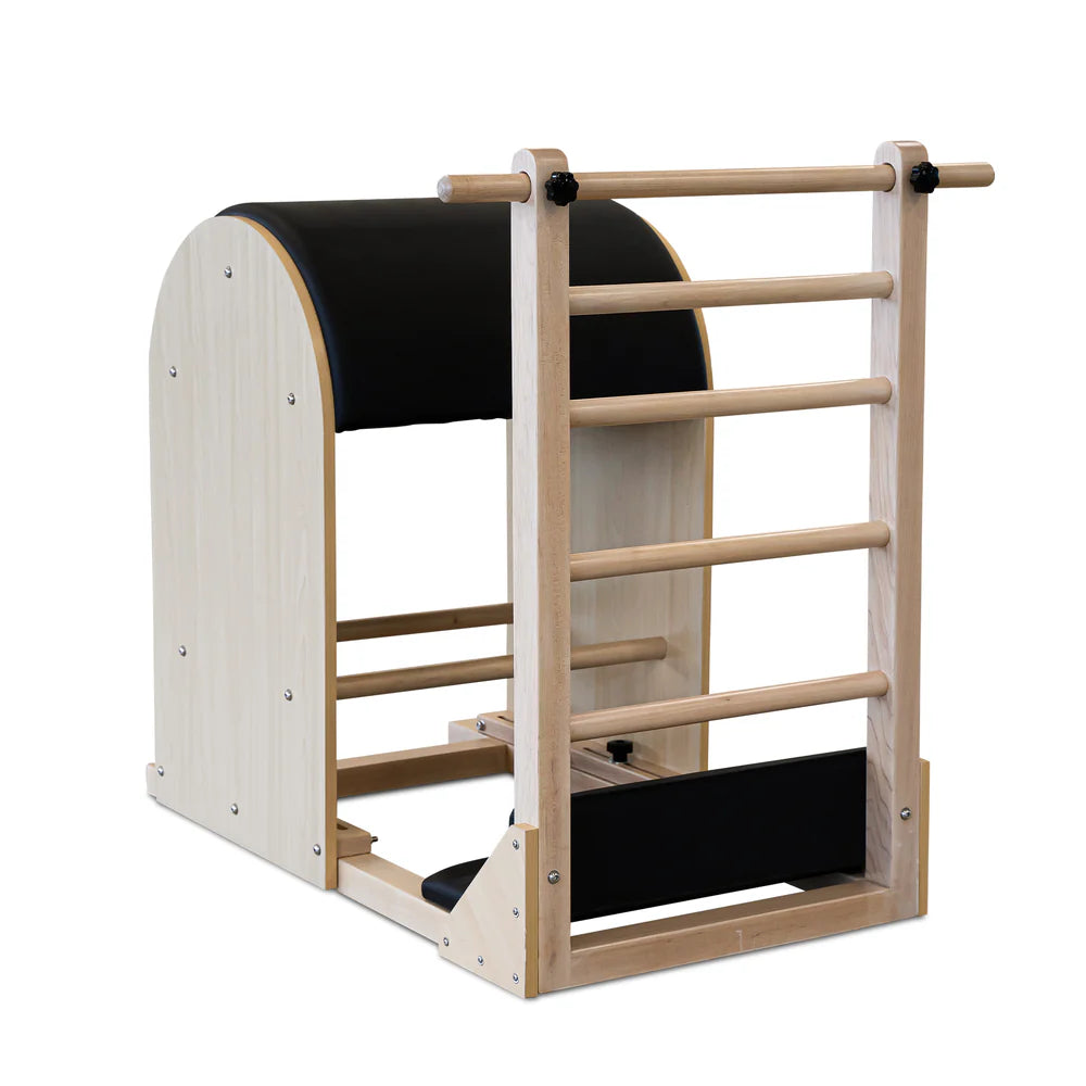 Angled Front View of Ladder Barrel showing wooden ladder with black arch in wood frame behind