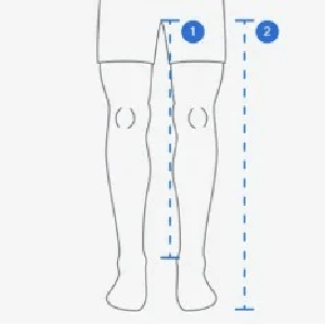 Diagram of legs with measurement lines and labels on a white background showing correct measurement for Therabody RecoveryAir Jetboots PRIME
