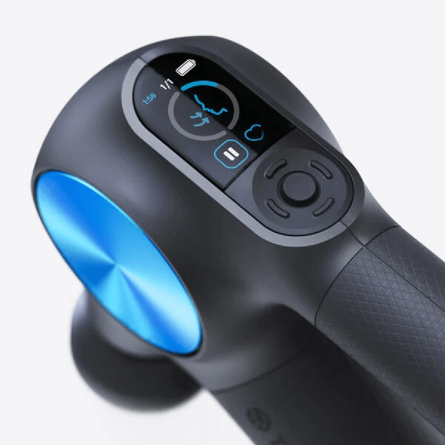 Rear view of Black Theragun Pro Plus massage gun showing control panel