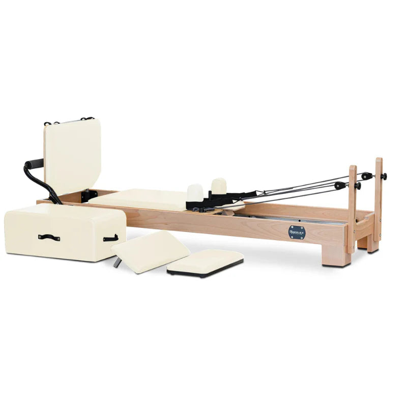 Angled Side View of Reeplex Luna Beechwood Studio Pilates Reformer in Cream