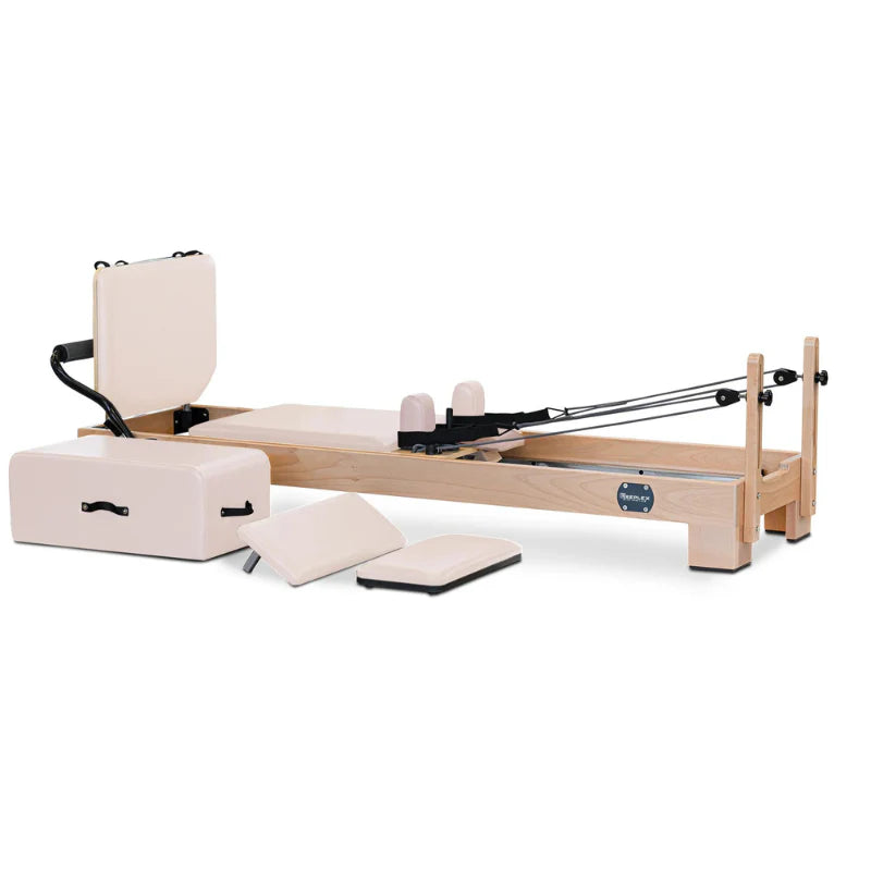 Angled Front View of Reeplex Luna Beechwood Studio Pilates Reformer in Pale Pink