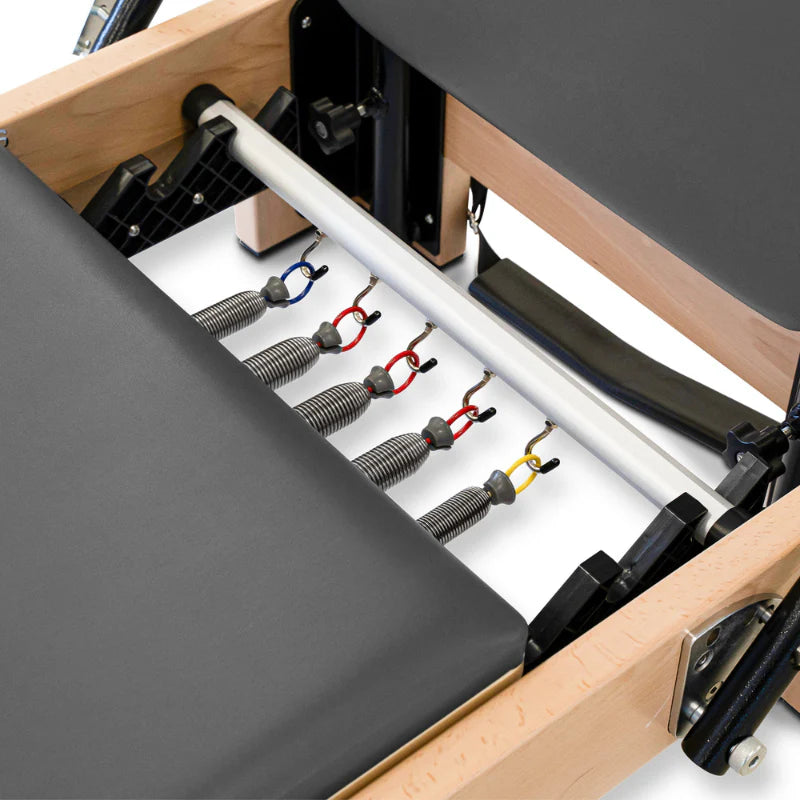 Close up Reeplex Luna Beechwood Studio Pilates Reformer Springs Attached